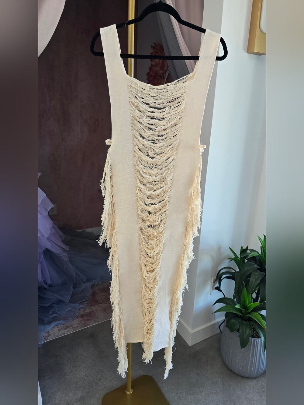 Thrifts And Threads Sleeveless Cream Fringe Knit Coverup